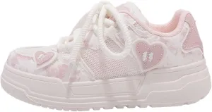 Y2K Platform Sneakers Heart Shape Pattern Trendy Mesh Thick Sole Height Increasing Student Casual Everyday Streetwear Lightweight Platform Ladies White Shoes Comfortable