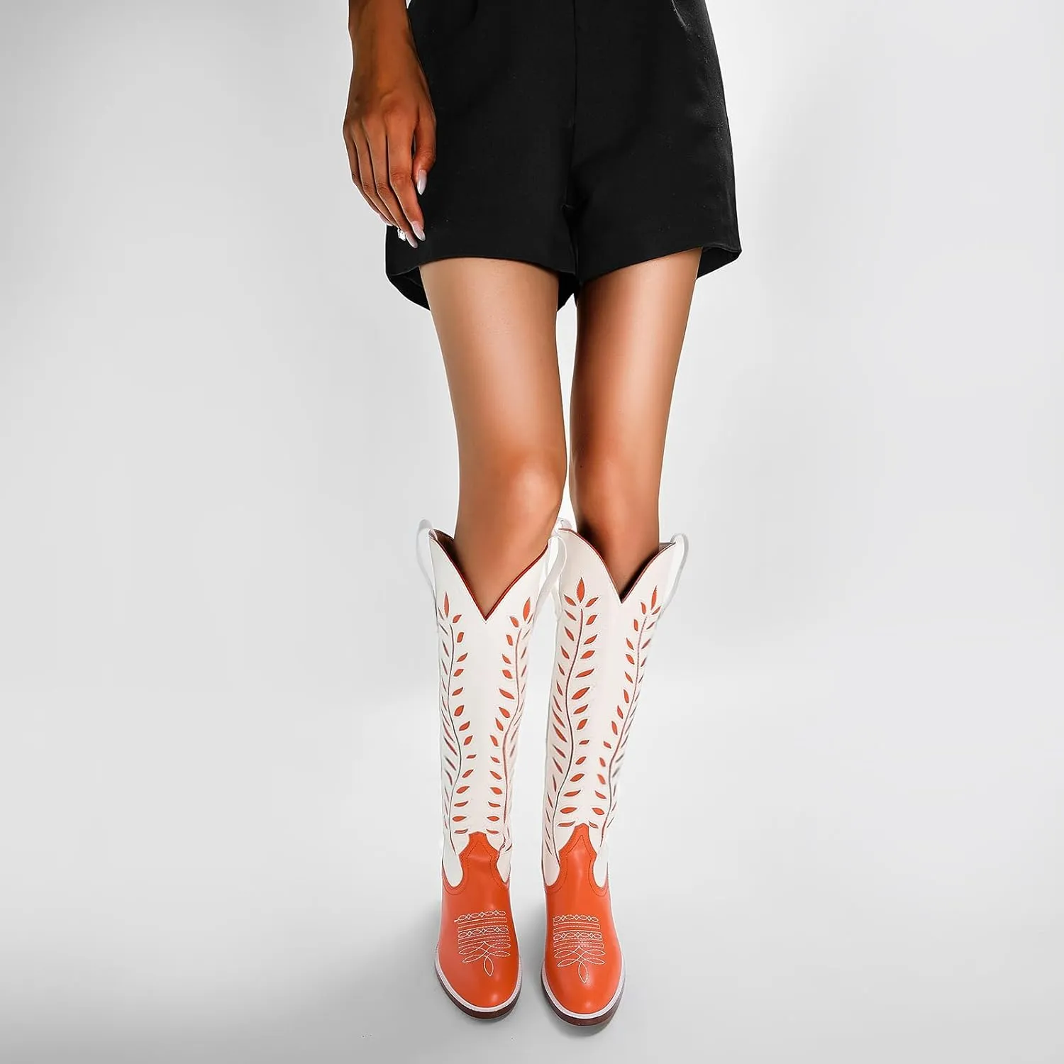 Yishaweiqi Embroidered Cowboy Boots for Women Almond Round Toe Chunky Heel Cowgirl Boots Pull On Knee High Western Boots with Contrast Foliage Inlay