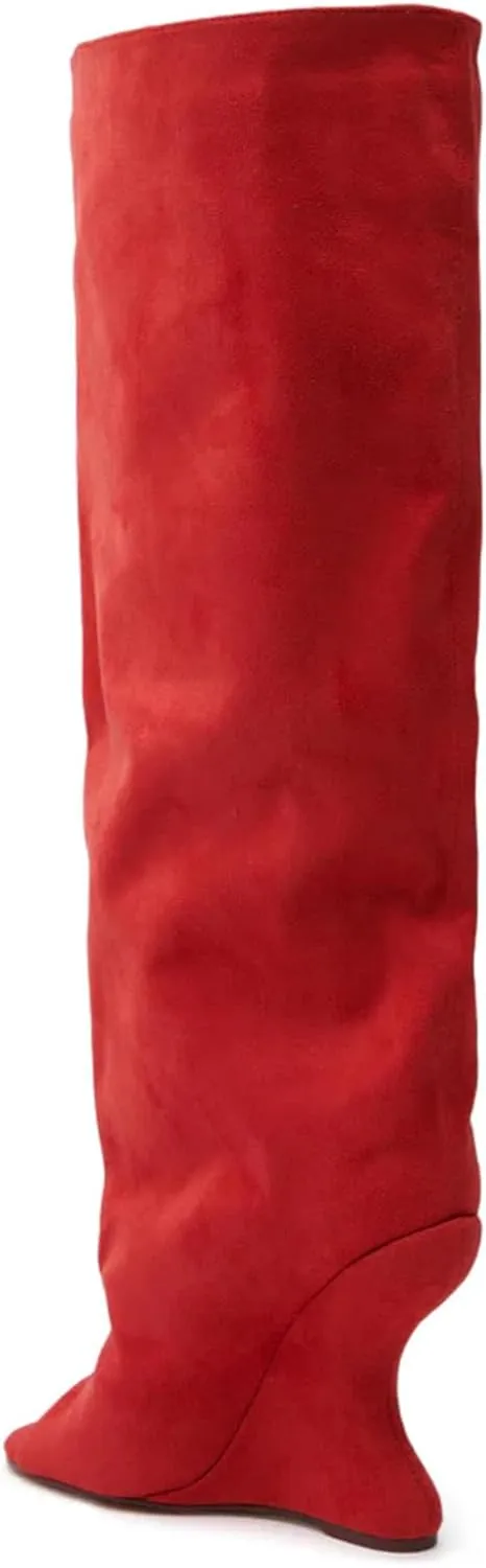Yishaweiqi Suede Knee High Boots for Women Peep Toe Wide Calf Pull On Wedge Boots