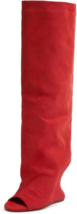 Yishaweiqi Suede Knee High Boots for Women Peep Toe Wide Calf Pull On Wedge Boots