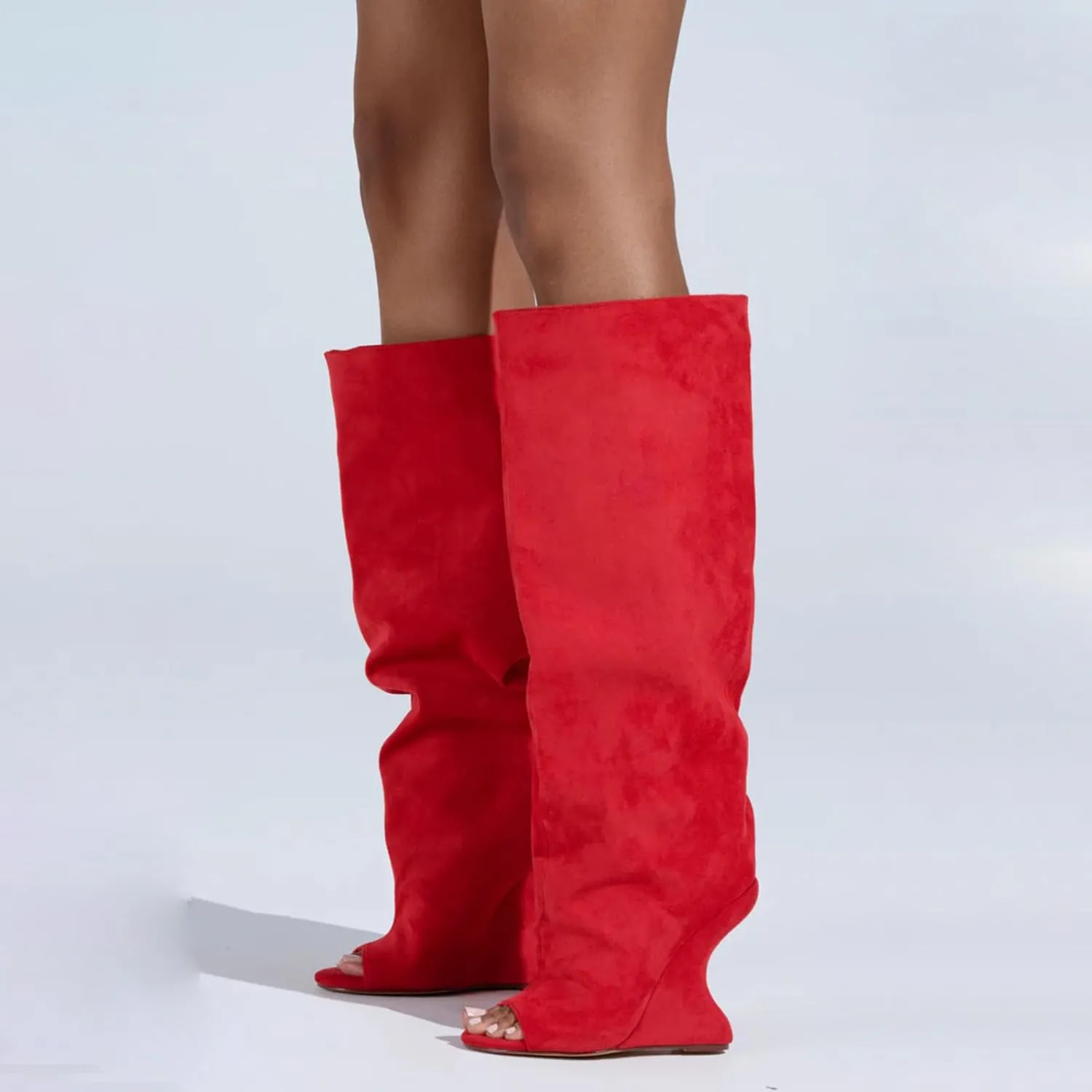 Yishaweiqi Suede Knee High Boots for Women Peep Toe Wide Calf Pull On Wedge Boots