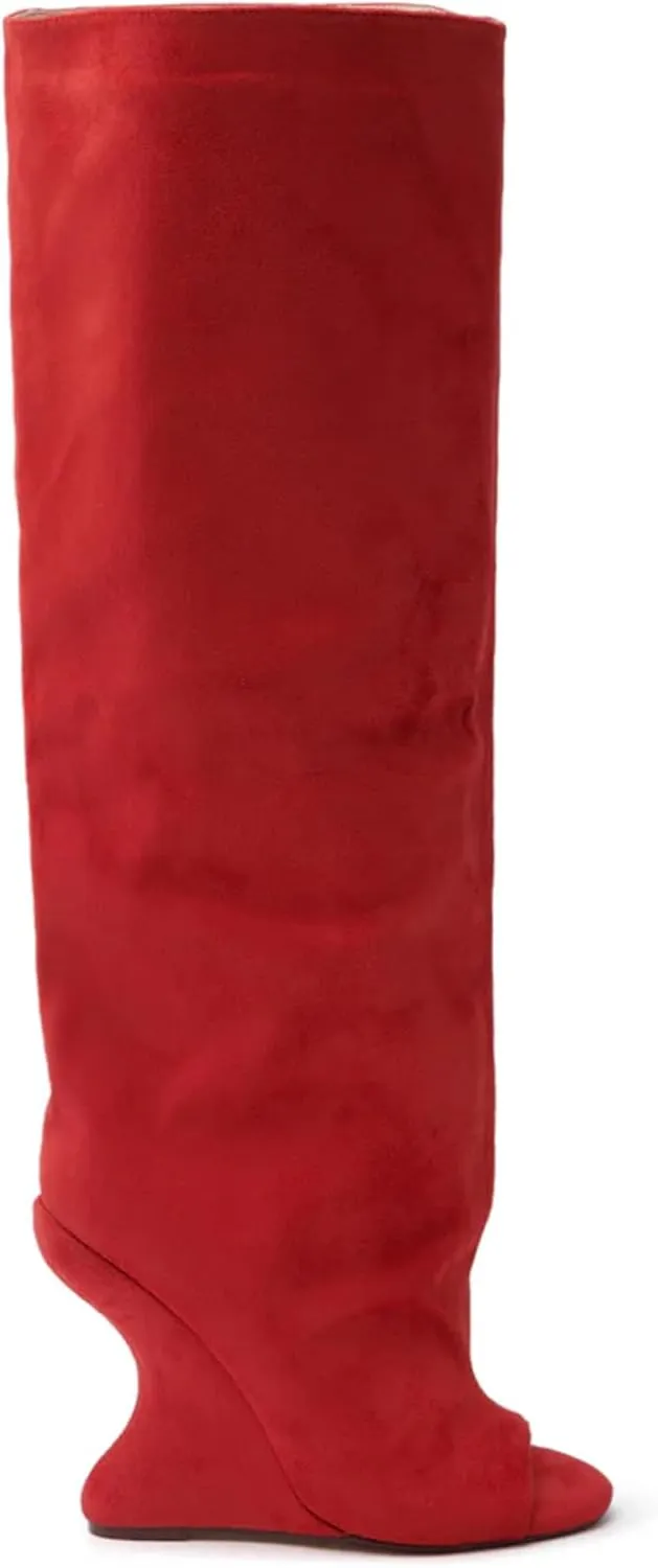 Yishaweiqi Suede Knee High Boots for Women Peep Toe Wide Calf Pull On Wedge Boots