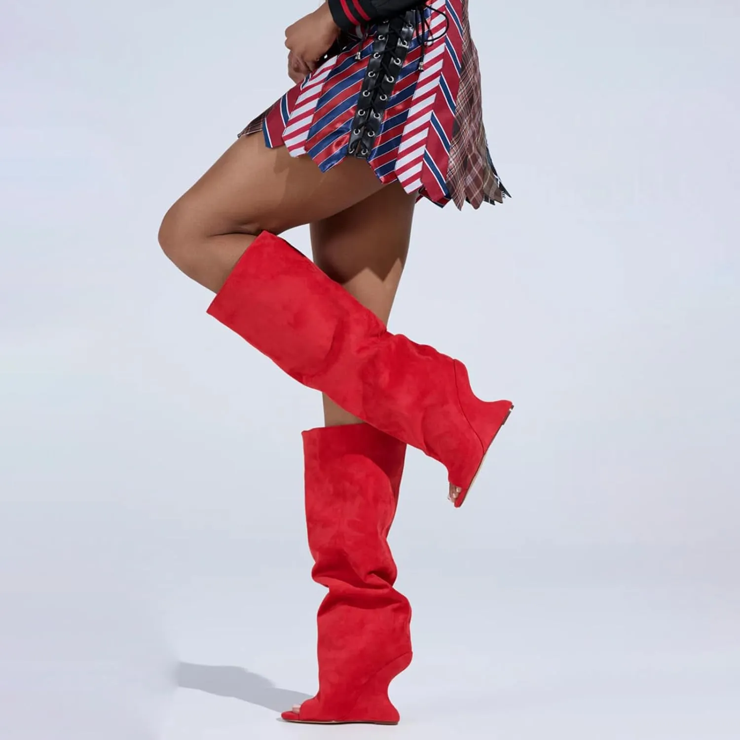 Yishaweiqi Suede Knee High Boots for Women Peep Toe Wide Calf Pull On Wedge Boots