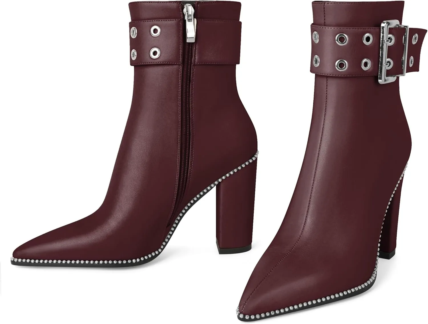 YODEKS Womens Ankle Boots 3.7 Inch Heel Chunky Boots Beaded Eyelets Buckle Strap Side Zipper Boots