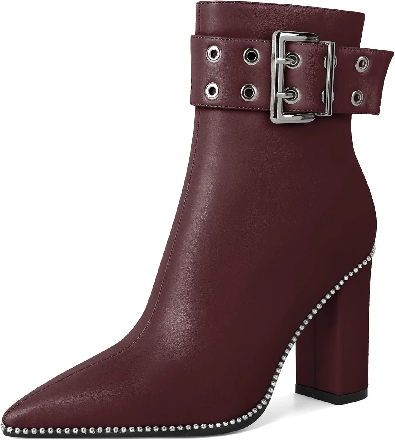 YODEKS Womens Ankle Boots 3.7 Inch Heel Chunky Boots Beaded Eyelets Buckle Strap Side Zipper Boots