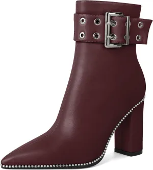 YODEKS Womens Ankle Boots 3.7 Inch Heel Chunky Boots Beaded Eyelets Buckle Strap Side Zipper Boots