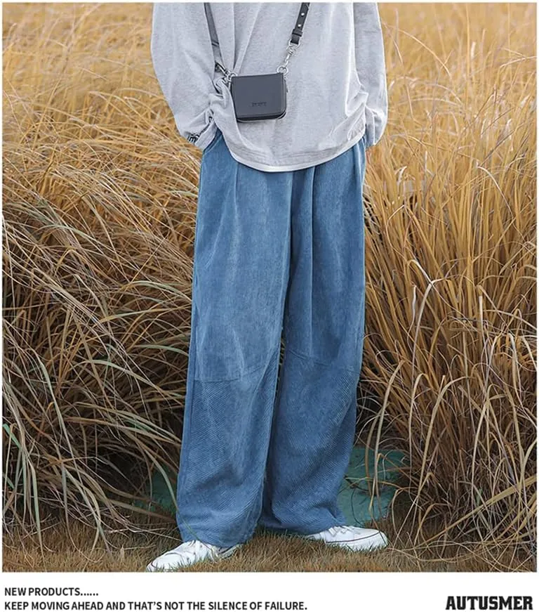 yoeasy Men Loose Elastic Waist Corduroy Pants Casual Drawstring Outdoor Wide Leg Pants