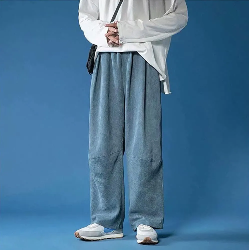 yoeasy Men Loose Elastic Waist Corduroy Pants Casual Drawstring Outdoor Wide Leg Pants