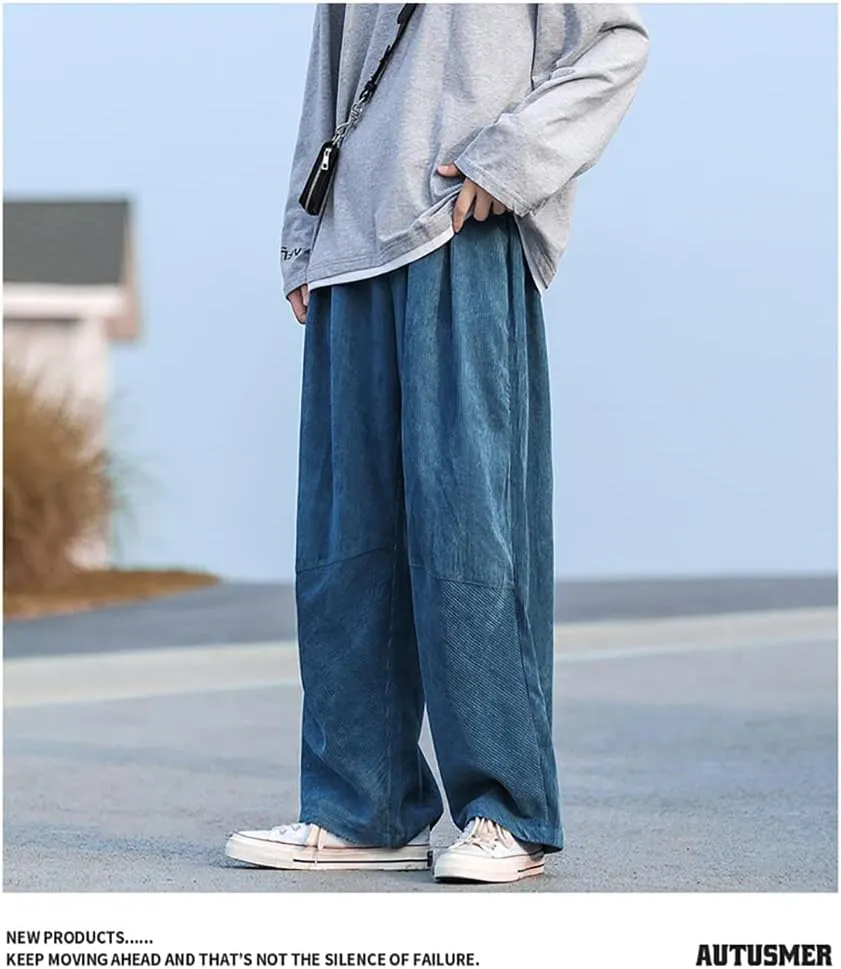 yoeasy Men Loose Elastic Waist Corduroy Pants Casual Drawstring Outdoor Wide Leg Pants