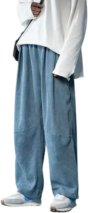 yoeasy Men Loose Elastic Waist Corduroy Pants Casual Drawstring Outdoor Wide Leg Pants