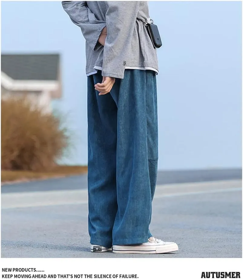 yoeasy Men Loose Elastic Waist Corduroy Pants Casual Drawstring Outdoor Wide Leg Pants