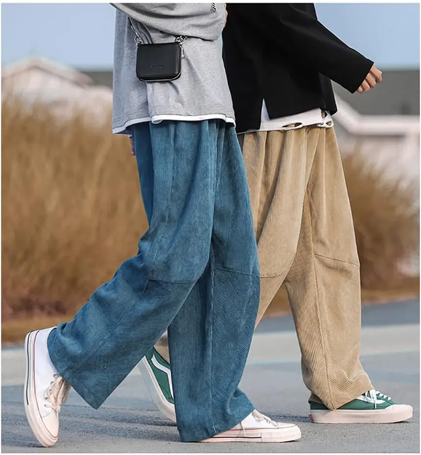 yoeasy Men Loose Elastic Waist Corduroy Pants Casual Drawstring Outdoor Wide Leg Pants