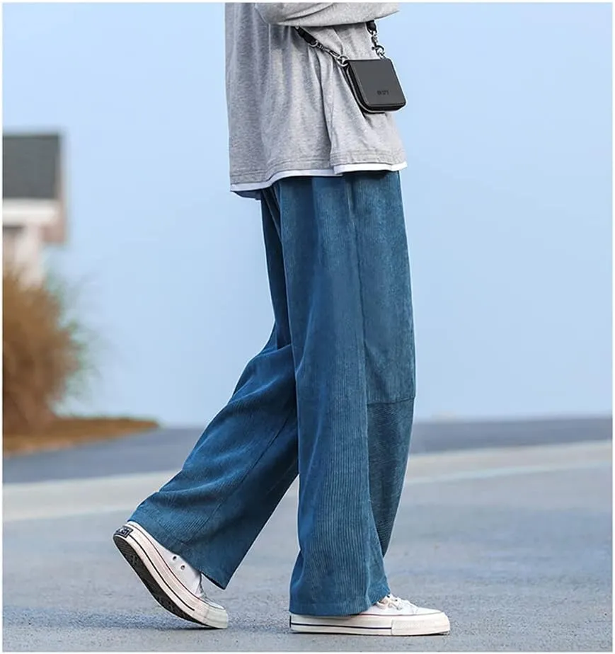 yoeasy Men Loose Elastic Waist Corduroy Pants Casual Drawstring Outdoor Wide Leg Pants