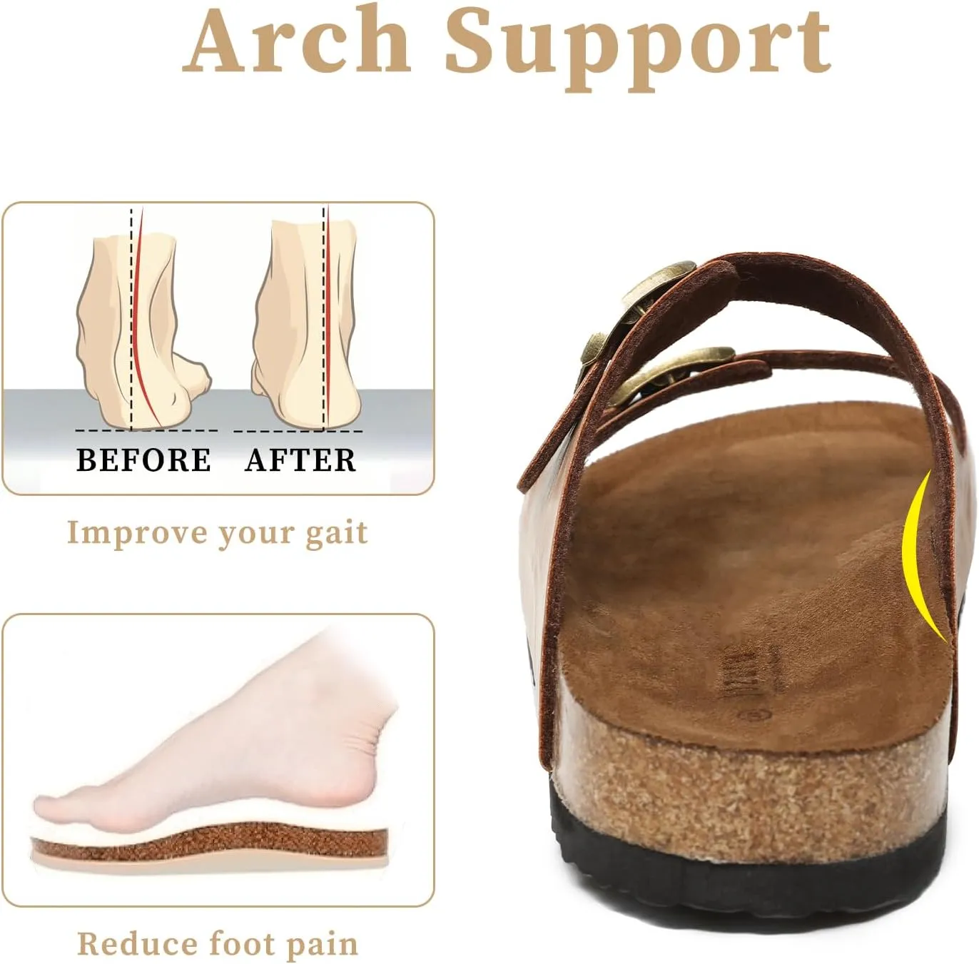 Yozuru Womens Flat Sandals Cork Footbed Slides with Arch Support Adjustable Buckle Slip on Slides Summer Open Toe Beach Sandals