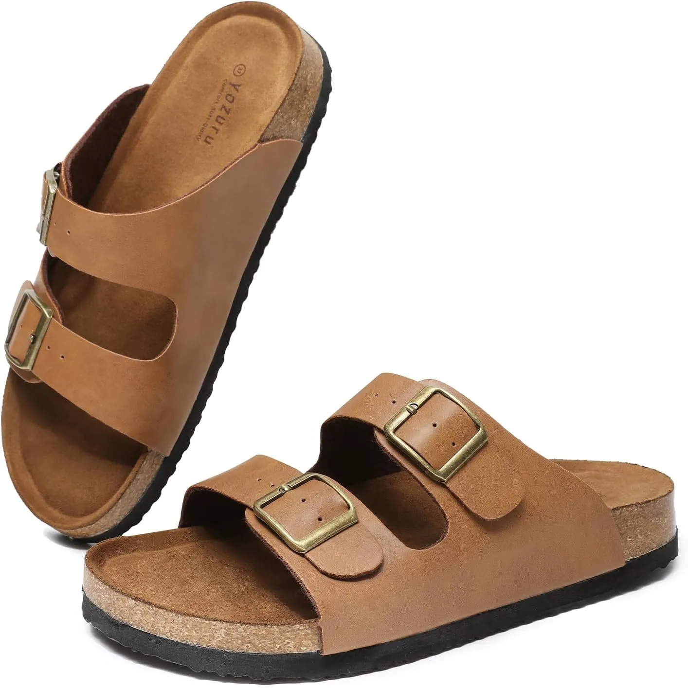 Yozuru Womens Flat Sandals Cork Footbed Slides with Arch Support Adjustable Buckle Slip on Slides Summer Open Toe Beach Sandals