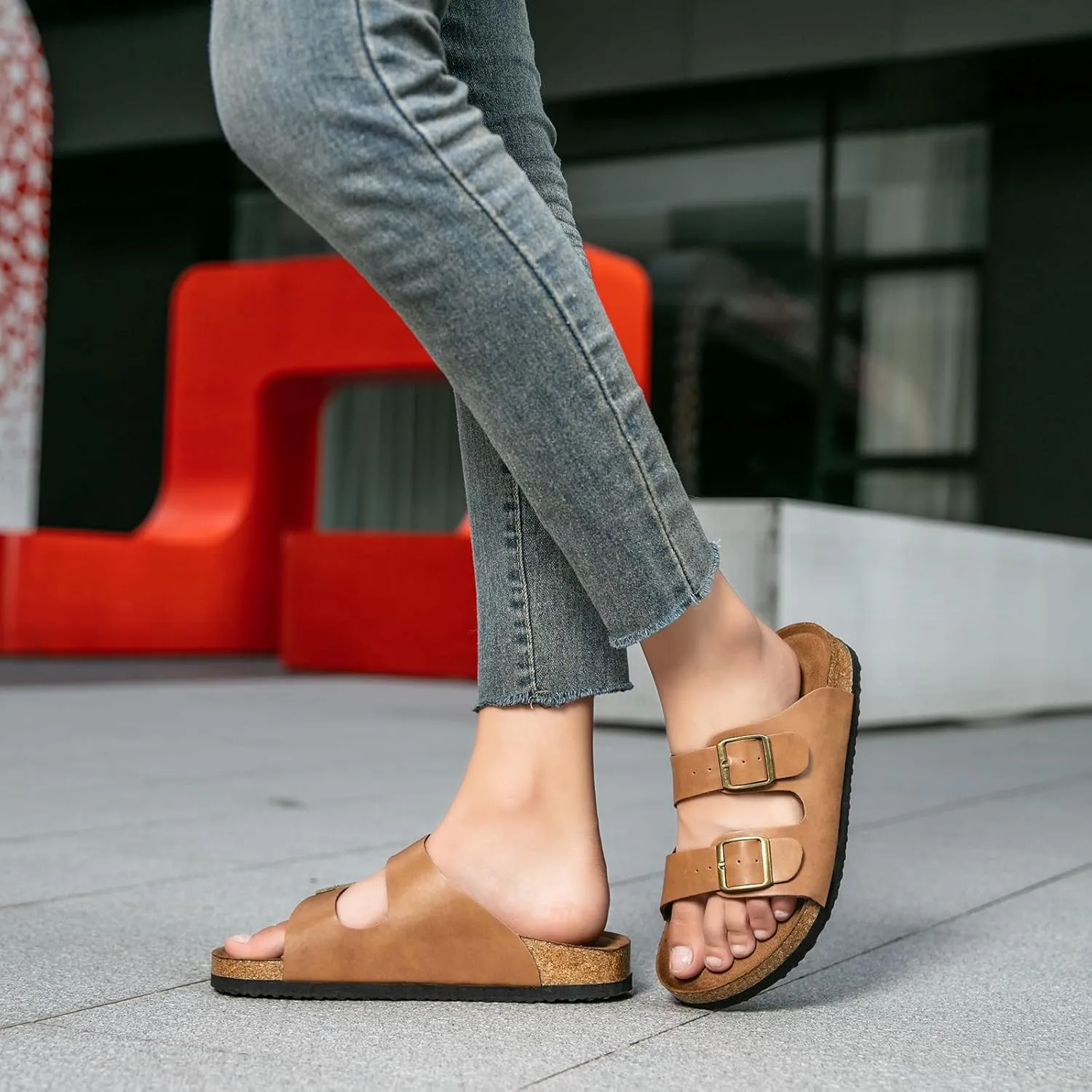 Yozuru Womens Flat Sandals Cork Footbed Slides with Arch Support Adjustable Buckle Slip on Slides Summer Open Toe Beach Sandals