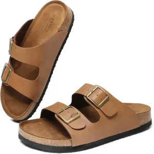 Yozuru Womens Flat Sandals Cork Footbed Slides with Arch Support Adjustable Buckle Slip on Slides Summer Open Toe Beach Sandals