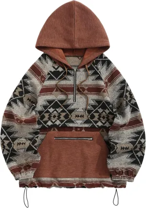 ZAFUL Men's Oversized Hoodie Quarter Zip Ethnic Aztec Print Loose Pullover Hooded Sweatshirt with Pocket