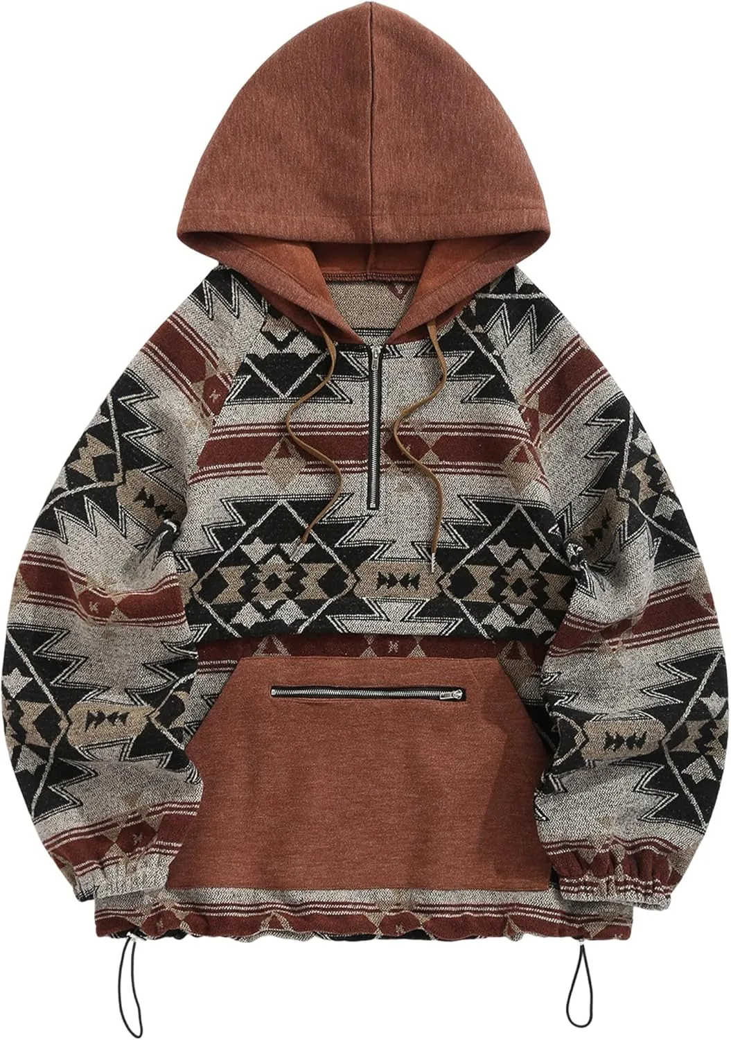 ZAFUL Men's Oversized Hoodie Quarter Zip Ethnic Aztec Print Loose Pullover Hooded Sweatshirt with Pocket