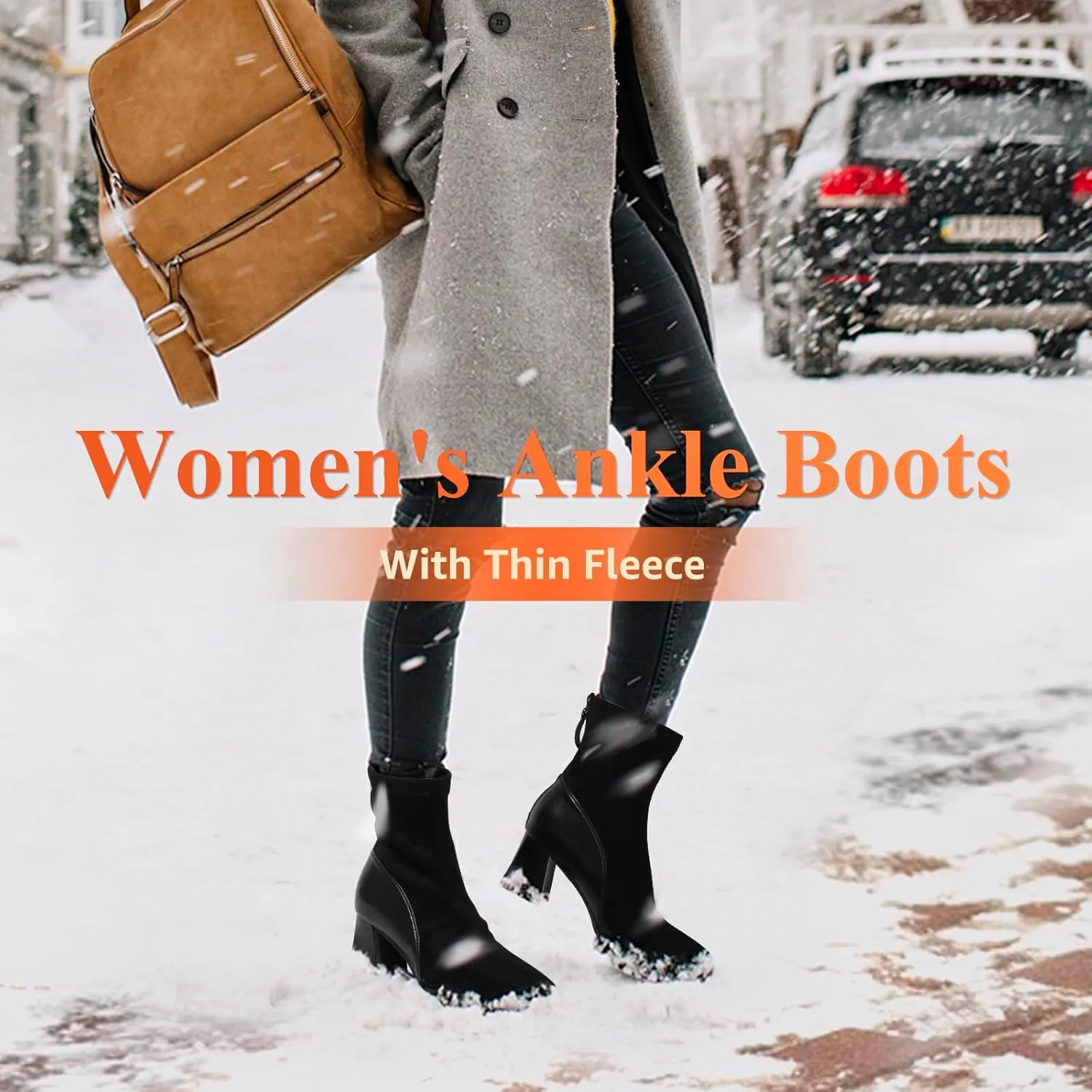 Zelaprox Women's Square Toe Ankle Boots Low Block Heel Chelsea Boots Back Zipper Comfortable Mid Calf Booties Shoes