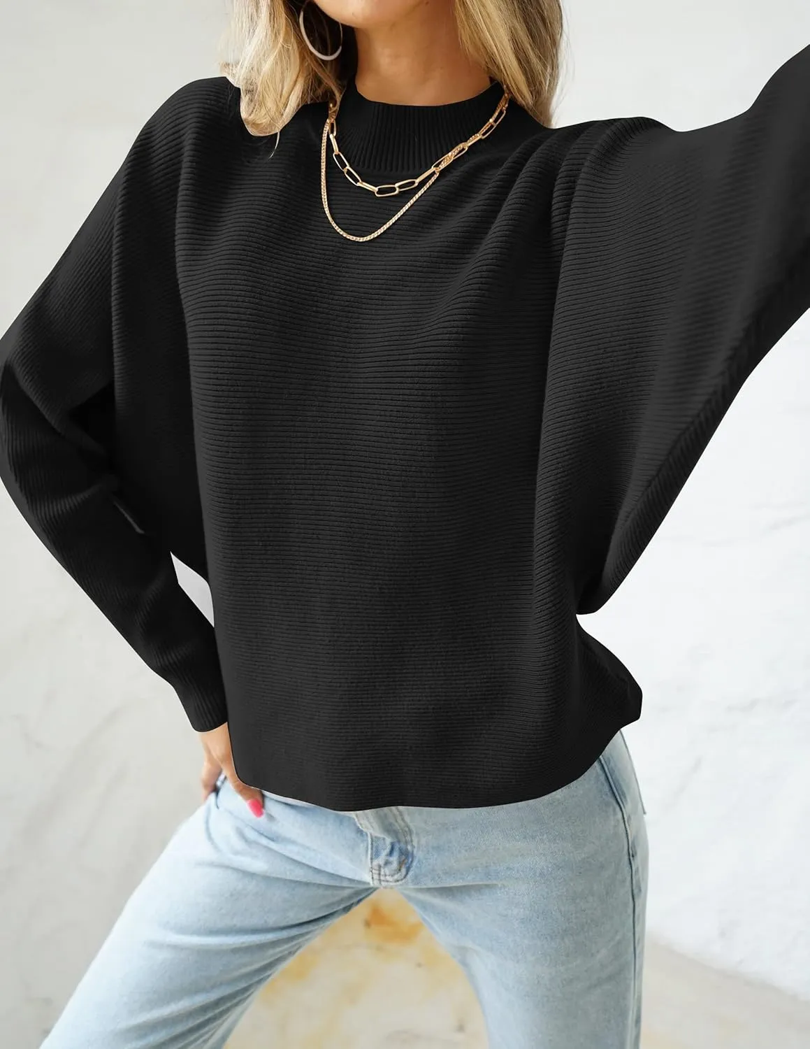 ZESICA Women's Fall Turtleneck Batwing Long Sleeve Ribbed Knit Casual Soft Pullover Sweater Jumper Top